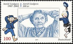 Emil fra Lønneberg og Astrid Lindgren på tysk frimærke fra 2007. Billede fra Wikipedia.